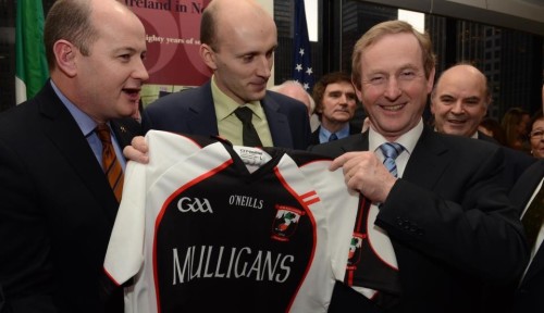 Peter Ryan of the Irish Consulate and David Cosgrove of the Hoboken Guards pose with Ireland's Taoiseach (Prime Minister) Enda Kenny