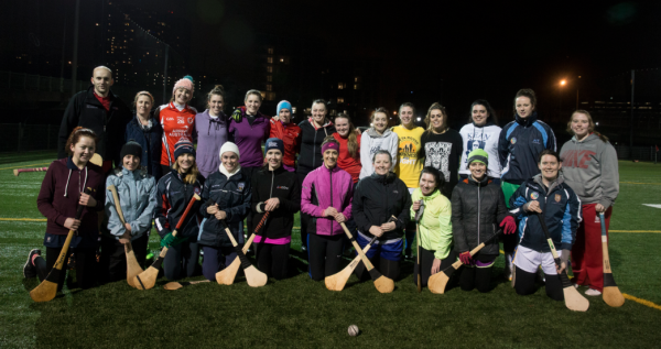 As a testament to the sport's popularity here in Hoboken, nearly two dozen ladies braved the elements for camogie training this past Tuesday night. (Photo by Jessica Bal)